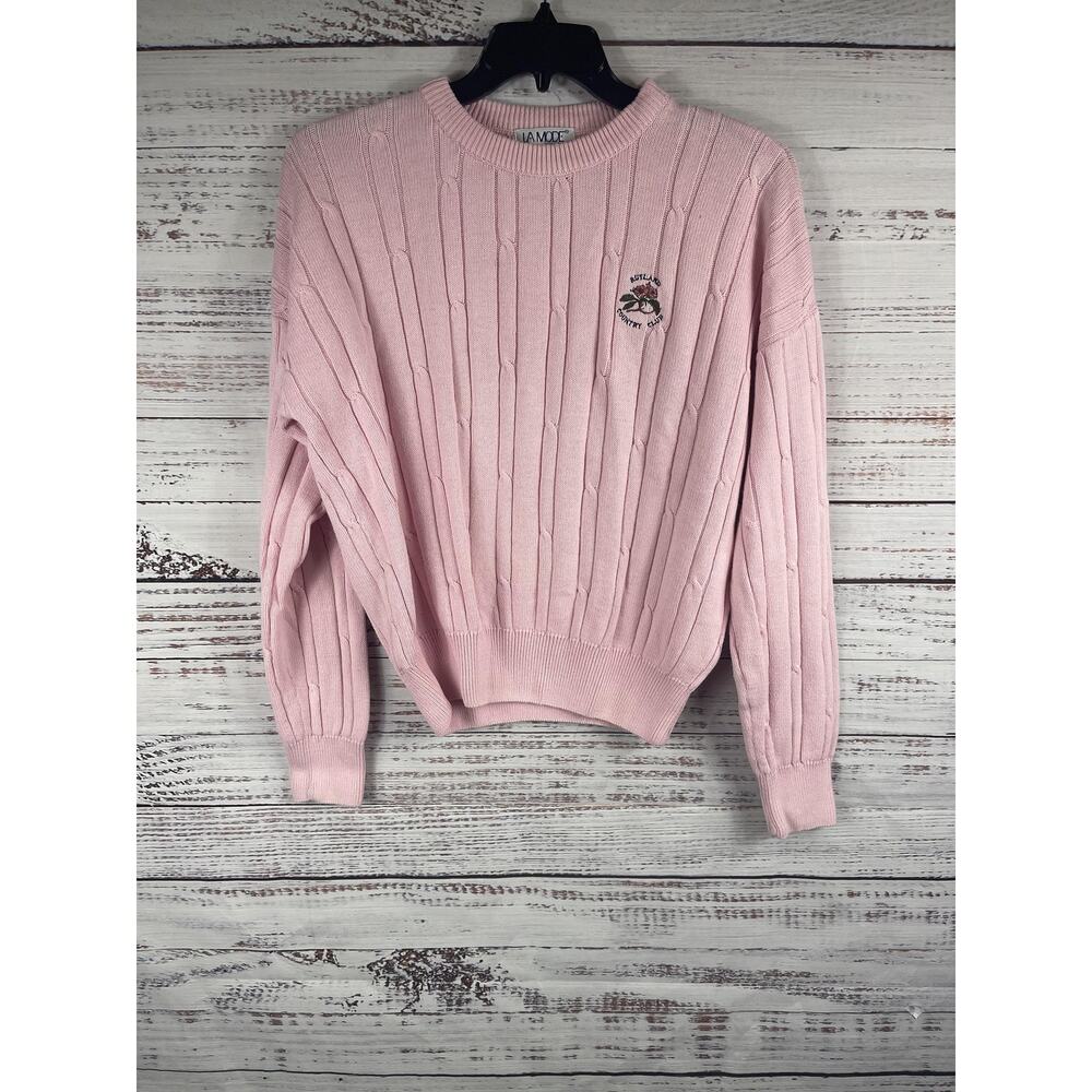 La Mode Sweater Women's SZ L Pink Cable Knit Pullover Rutland Country Club Logo